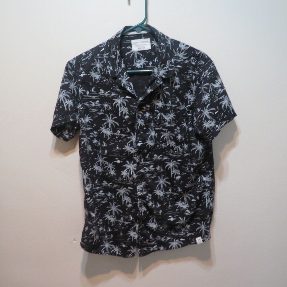 Free Planet Button Down White Tropical Palm Tree Print Black Background Size M